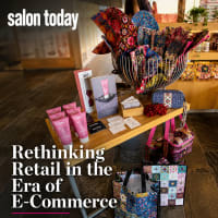 A retail display with the SALON TODAY logo and the title "Rethinking Retail in the Era of E-Commerce"