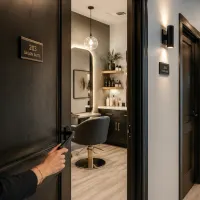We see a hand opening a door into a salon suite.