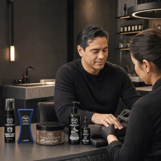 a man getting a manicure from a woman