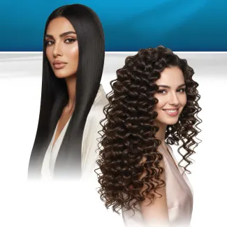 two women, one with straight hair and the other with curly hair