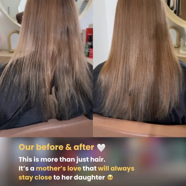 A before and after of a hair extension service