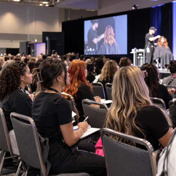 beauty students in an audience watching a hair demonstration on stage