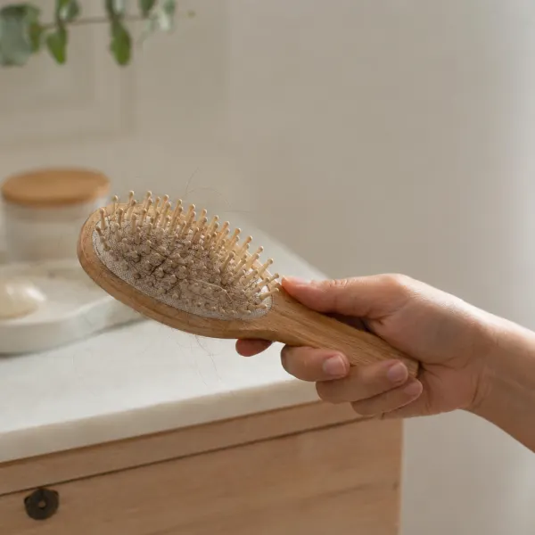 A hand holding a hairbrush, and there is hair in the brush.