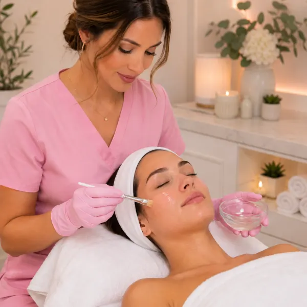 An esthetician performs a chemical peel on a client