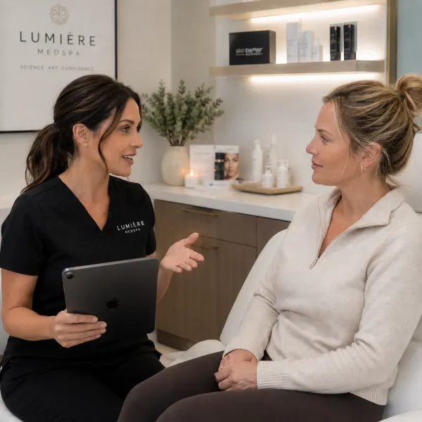 An esthetician consults with a client