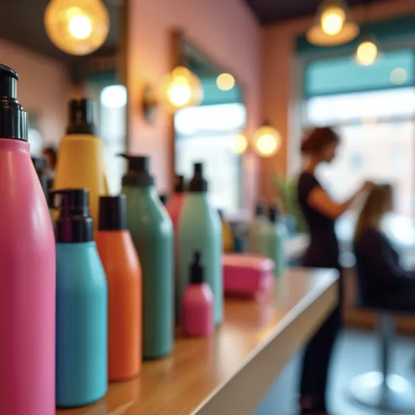 Retail products on a shelf with a stylist and client in the background