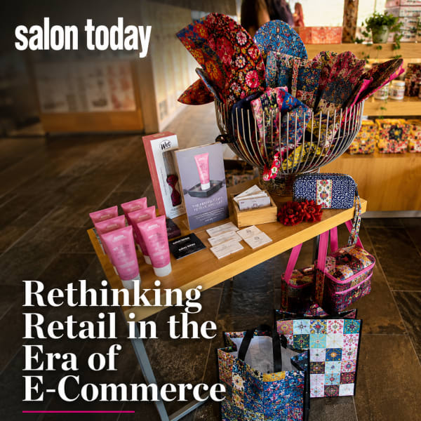 A retail display with the SALON TODAY logo and the title "Rethinking Retail in the Era of E-Commerce"