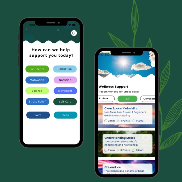 two phone screens showing a software platform