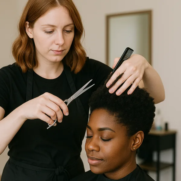 A hairstylist cutting a Black client's curly hair in a salon.