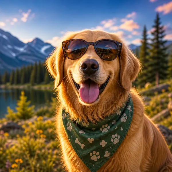 A dog wearing a bandana and sunglasses, set against a mountain scape.