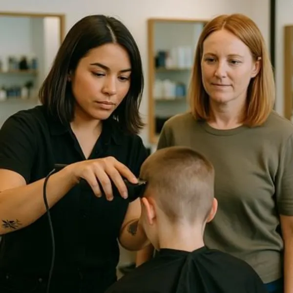 A stylist cutting a child's hair while an adult is watching.