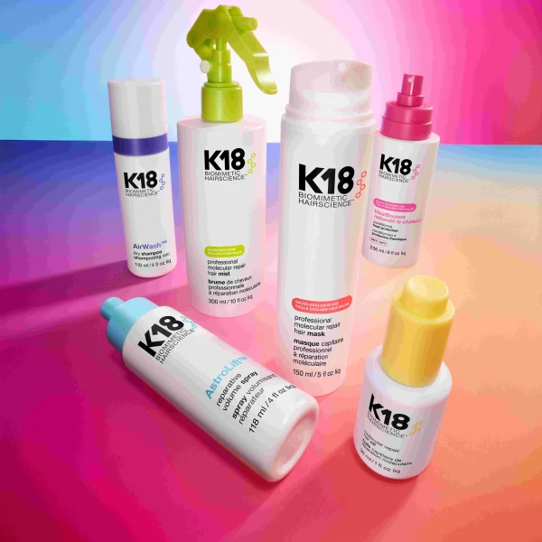 A roundup of K18 products with a colorful background.