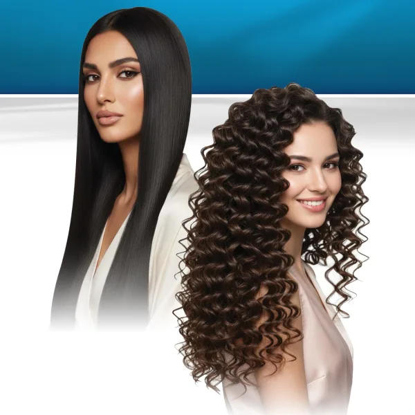 two women, one with straight hair and the other with curly hair