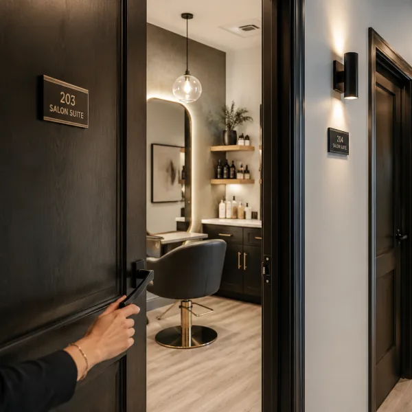 We see a hand opening a door into a salon suite.