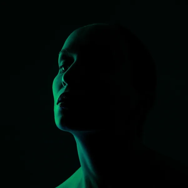 A female face in the shadows.
