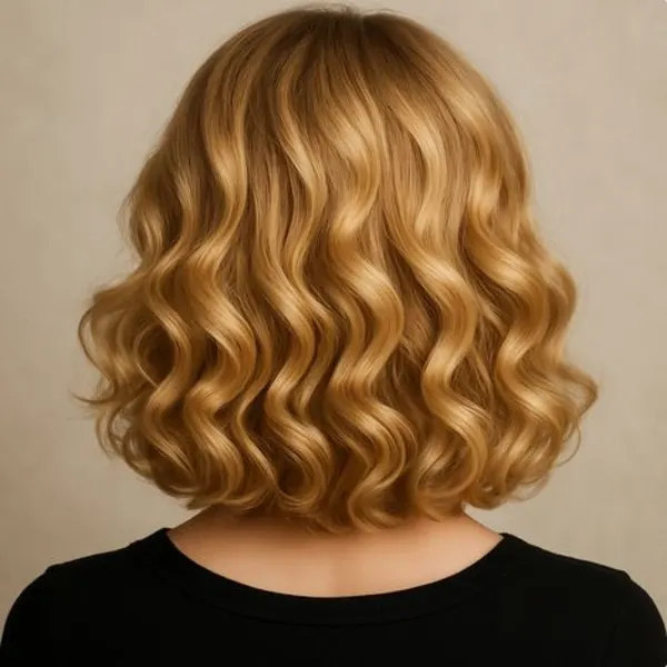 Curly blonde hair as seen from behind.