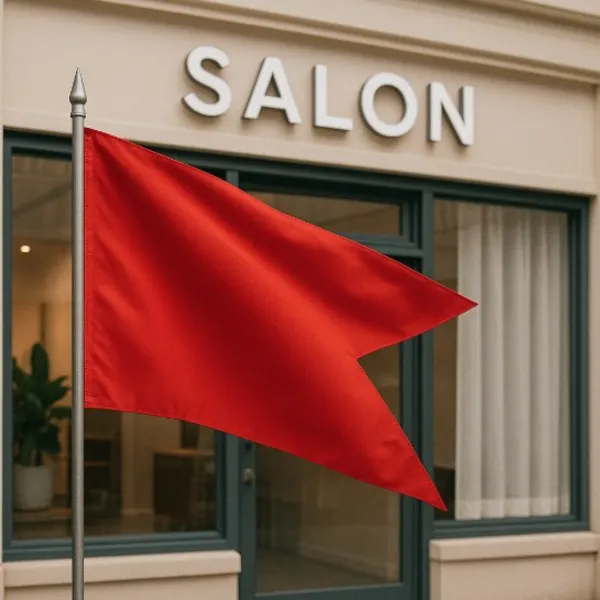 A red flag flying in front of a beauty salon.