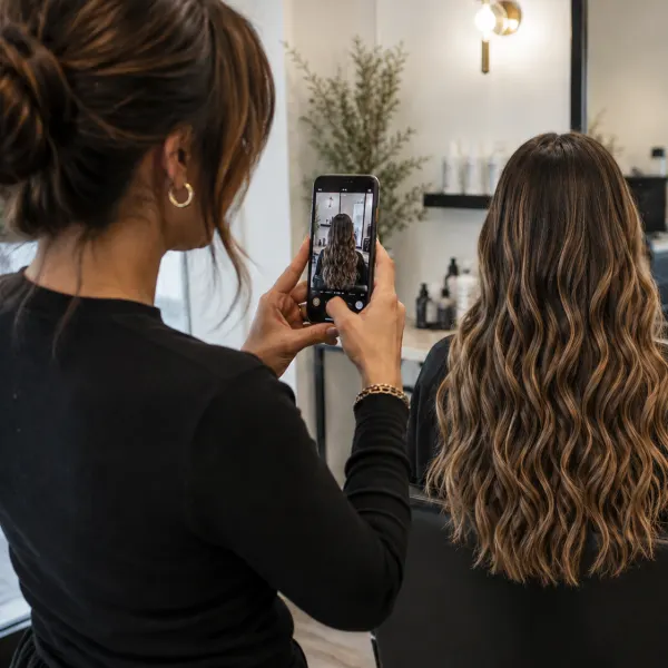 A stylist takes an after photo of her clients hair.