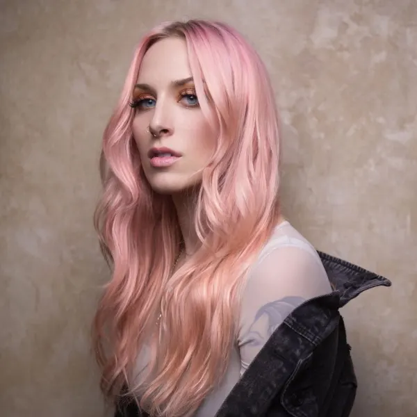 A woman with pink hair and a serious expression.