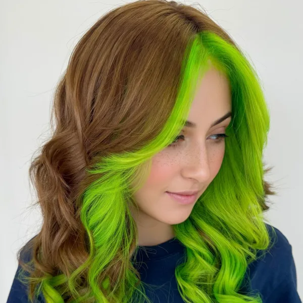 A woman with bright green hair.
