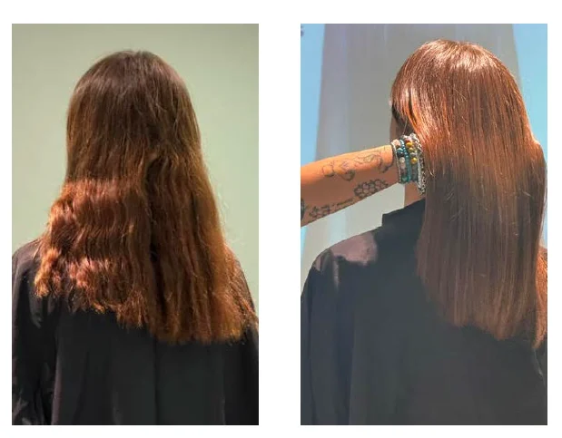 a before and after shot of red hair