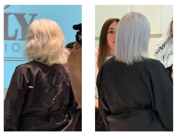 a before and after shot of gray hair