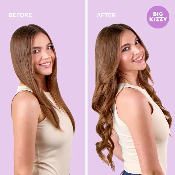 Before image brunette model smiling and after image brunette model with Big Kizzy extensions smiling 