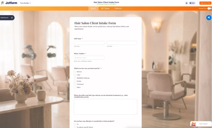 JotForm intake form