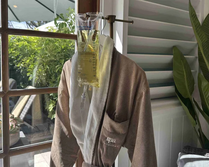 An IV bag and a robe