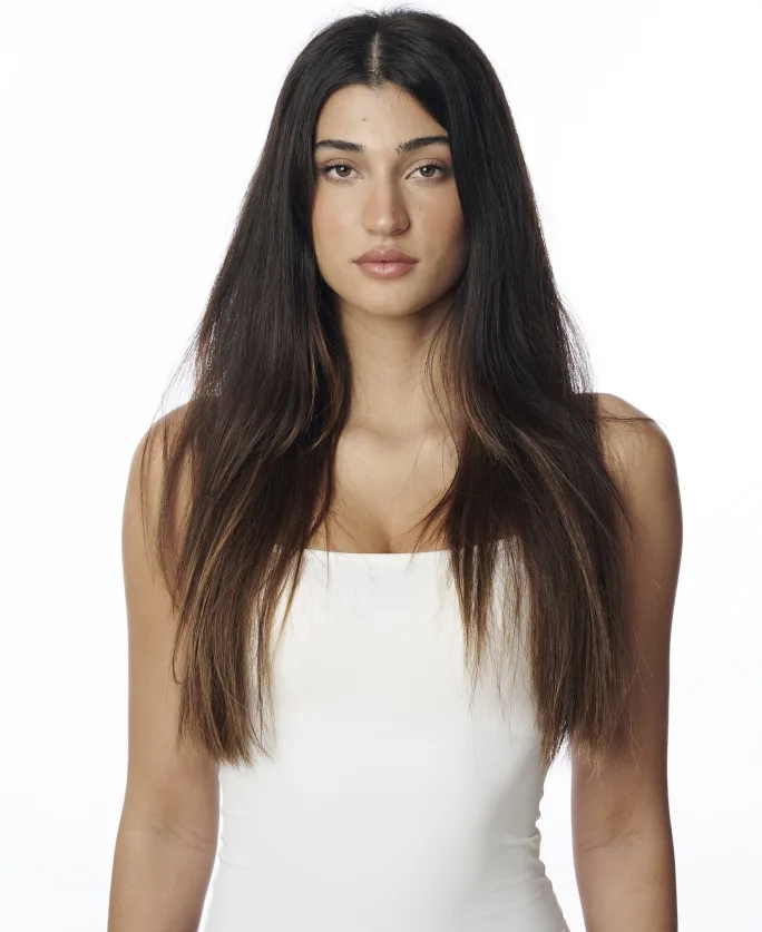 A brunette model in a white tshirt