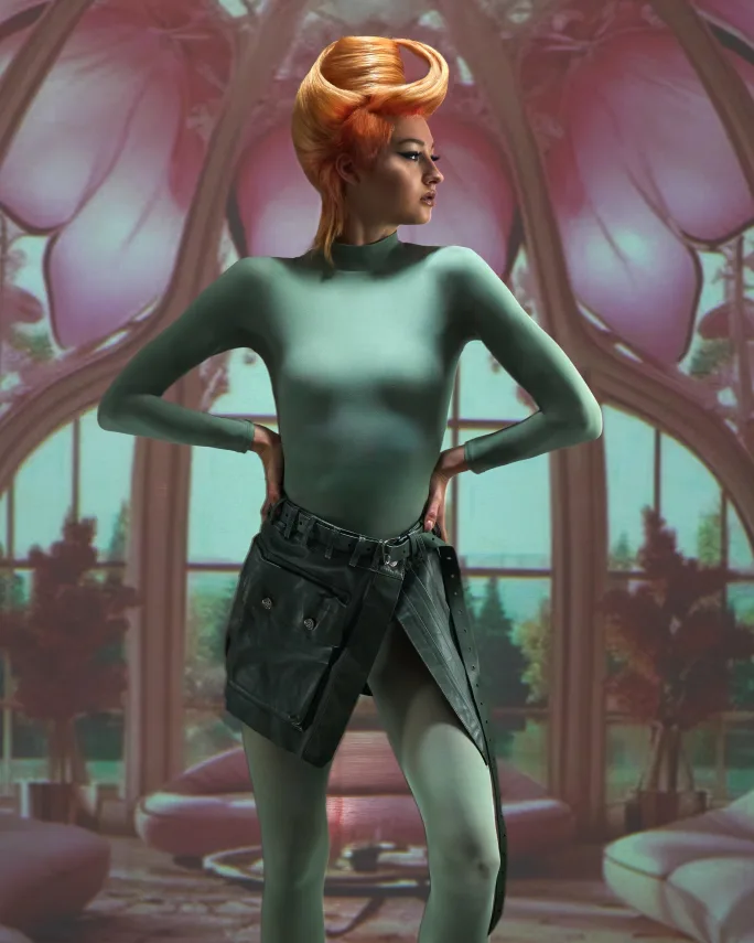 A model with a pink hairstyle set against a futuristic background