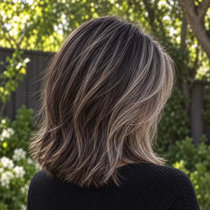 the back of a woman's head in front of foliage