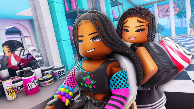 two roblox characters in a salon