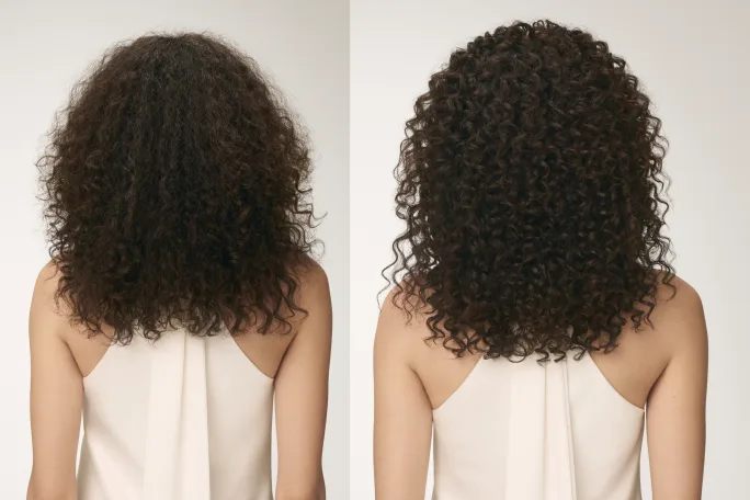 a before and after shot of the back of curly hair