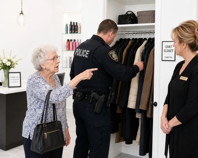 A client is angry with a manager as a policeman looks for her missing coat