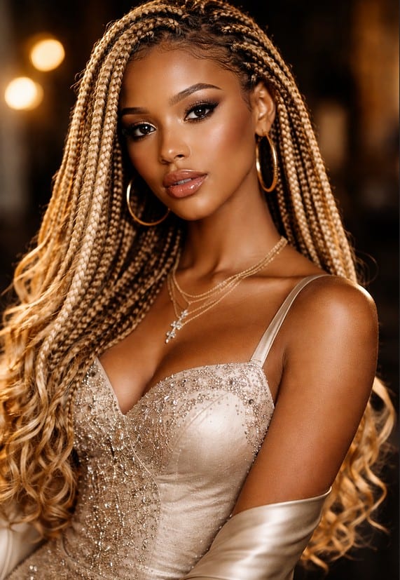 Glam portrait of a woman with long honey-blonde box braids, hoop earrings, and a champagne-toned embellished dress in warm evening light.