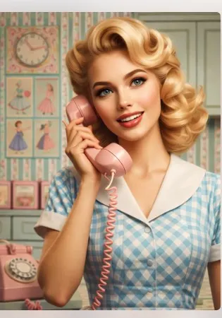 Retro 1950s-style blonde in a gingham dress holding a pink telephone in a pastel kitchen, smiling in a vintage pin-up aesthetic.