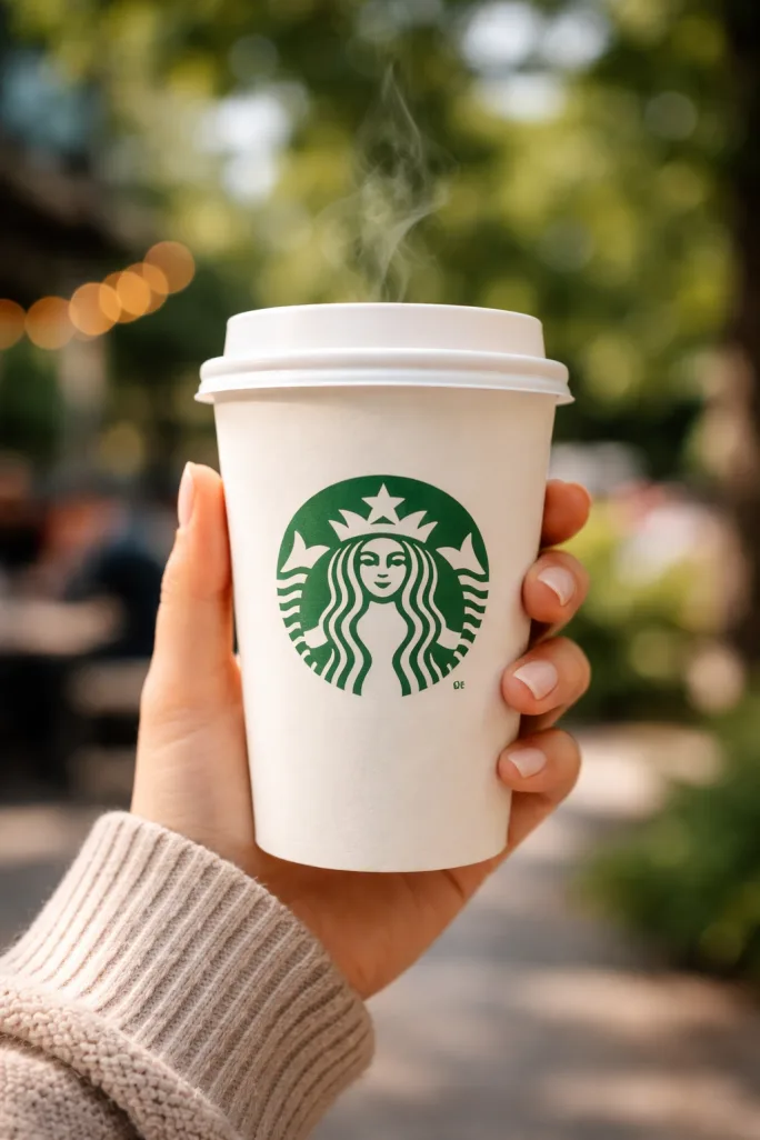 A hand holding a cup of Starbucks coffee.