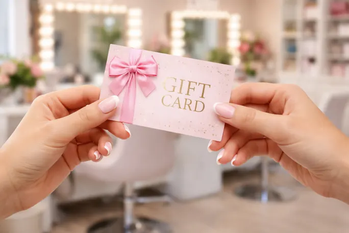 A gift card exchanging hands with a salon in the background.