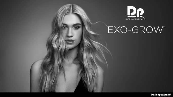 Dermapen World Exo-Grow branding image features a model with long hair.