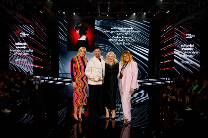 From left-to-right: Salome de Wet, Carlos Alvarez, the Avant Garde Stylist of the Year Bronze Winner, with Kelly Donahue, and Jools Purchase