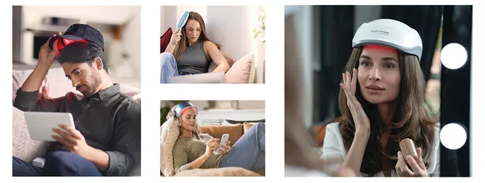 A collage of images of people using hair loss devices.