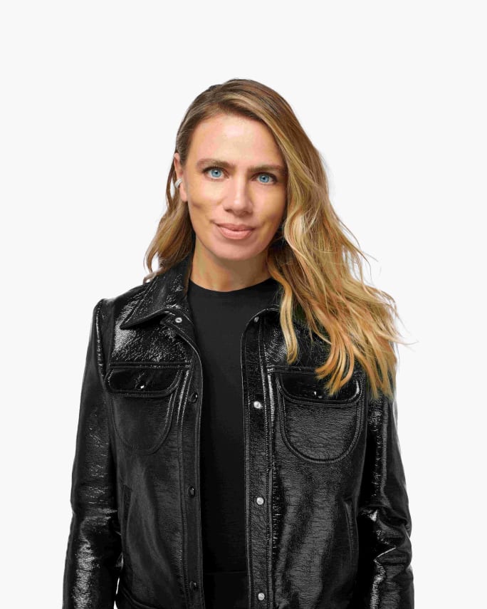 Claire Le Bleis against a white and black background