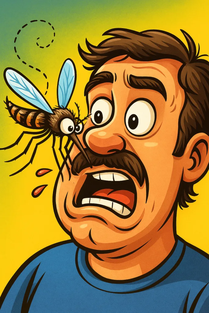 A mosquito biting a man on the nose