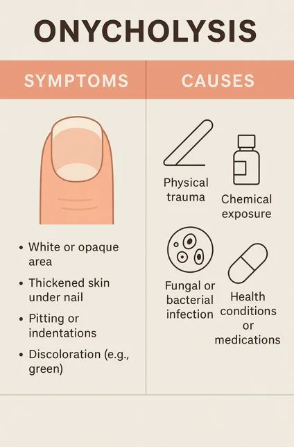 A chart that outlines the symptoms and causes of nail separation or onycholysis