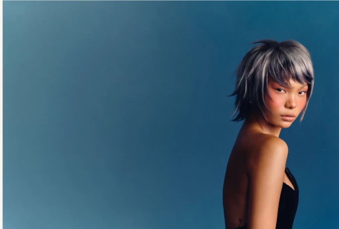 A silver and blue-haired pixie model from Modern Salon and Ulta Beauty shoot.