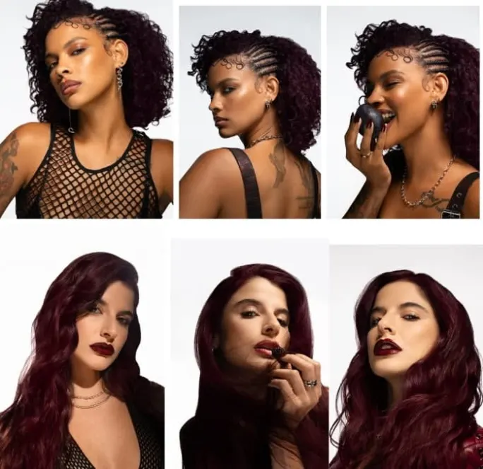 Two models with cherry cola red hair, one with curls and braids, the other with long wavy hair.