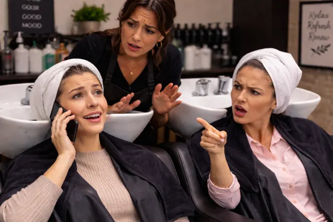 One salon client scolds another who is talking loudly on her cell phone.