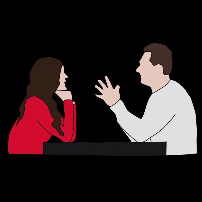 A graphic of a man and woman across a table having a discussion