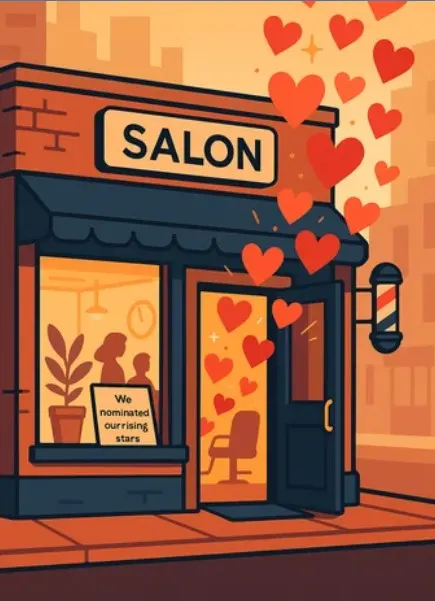 A salon with hearts escaping.